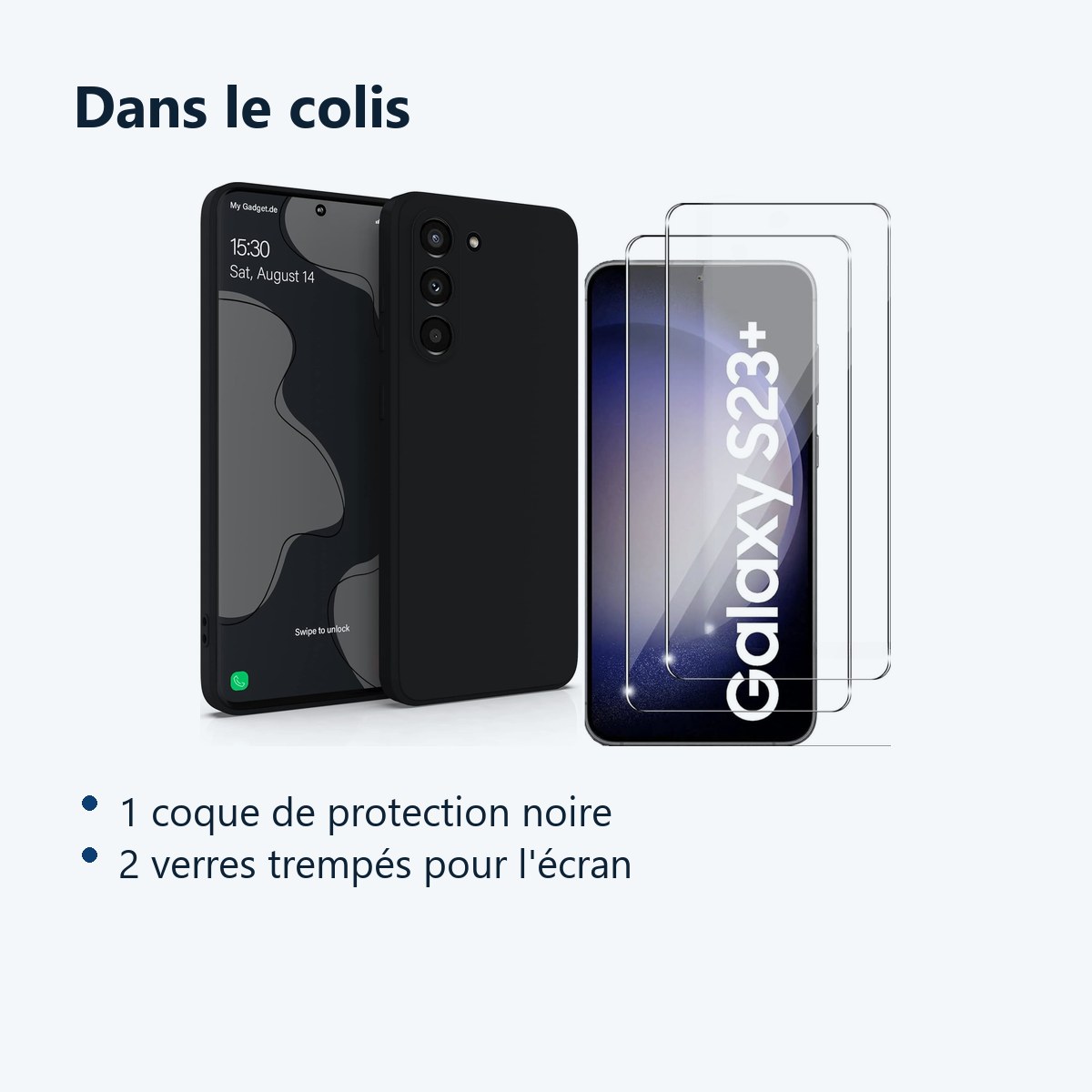 Contenu du colis – Coque Noir pour Samsung Galaxy S23 Plus (6,6 pouces) et 2 Verres Trempé Film Protection Ecran