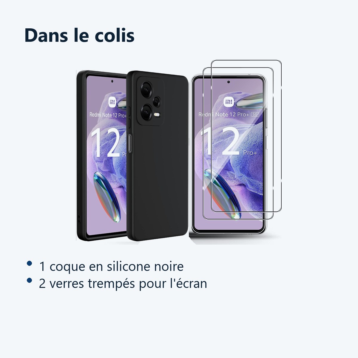 Contenu du colis – Coque Silicone Noir + 2 Verres Trempes Pour Xiaomi Redmi Note 12 Pro Plus