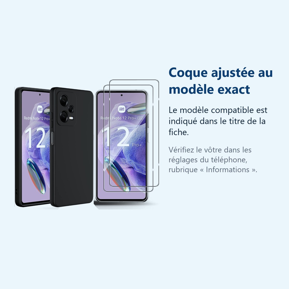 Accessoire ajusté au modèle exact – Coque Silicone Noir + 2 Verres Trempes Pour Xiaomi Redmi Note 12 Pro Plus