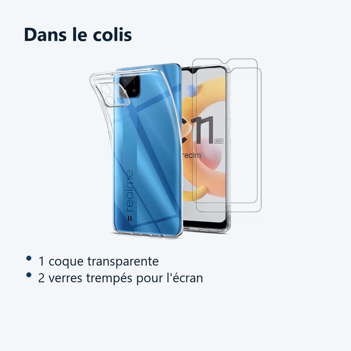 Contenu du colis – Coque Silicone Transparente + 2 Verres Trempes Pour Realme C11 2021 /