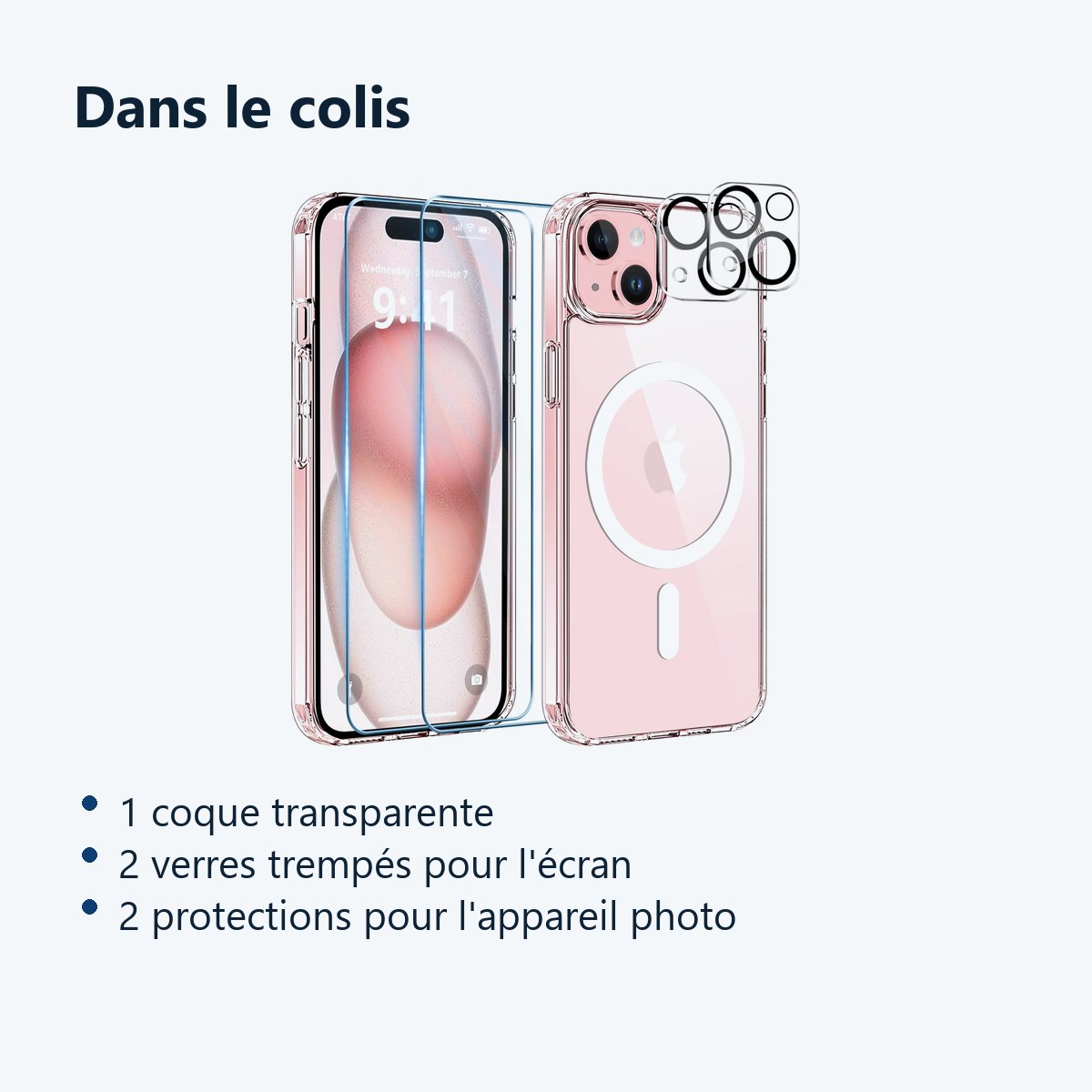 Contenu du colis – Coque Silicone Transparente Compatible Magsafe + Verres Trempes et Protections Camera Arriere X2 Pour iPho