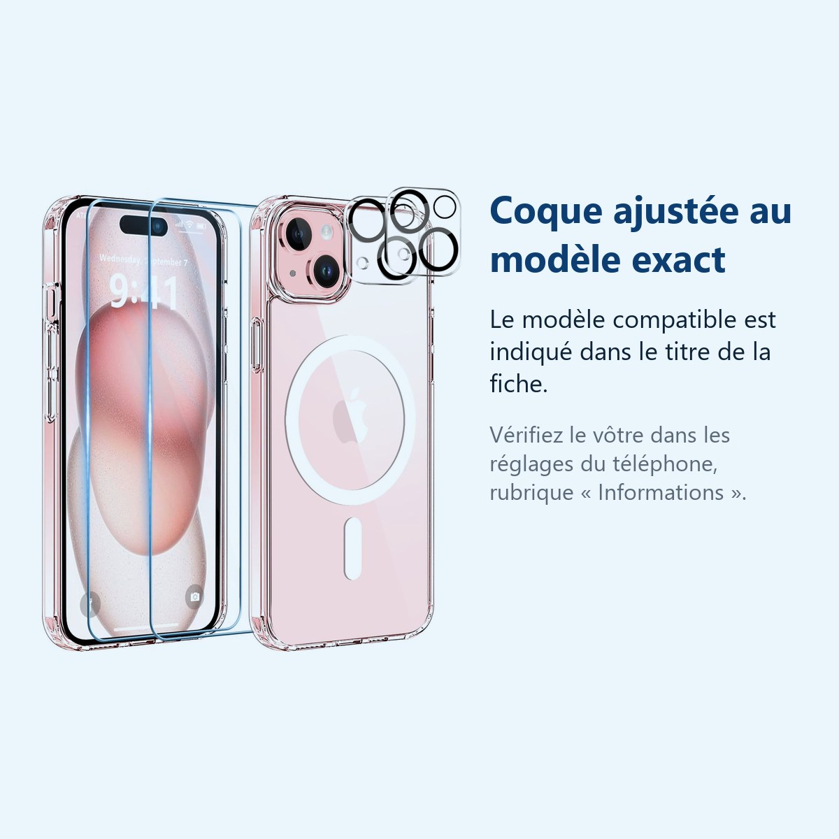 Accessoire ajusté au modèle exact – Coque Silicone Transparente Compatible Magsafe + Verres Trempes et Protections Camera Arr