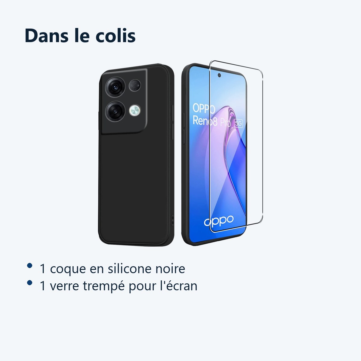 Contenu du colis – Coque Silicone Couleur Noire + Verre Trempe Pour Oppo Reno 8 Pro 5G