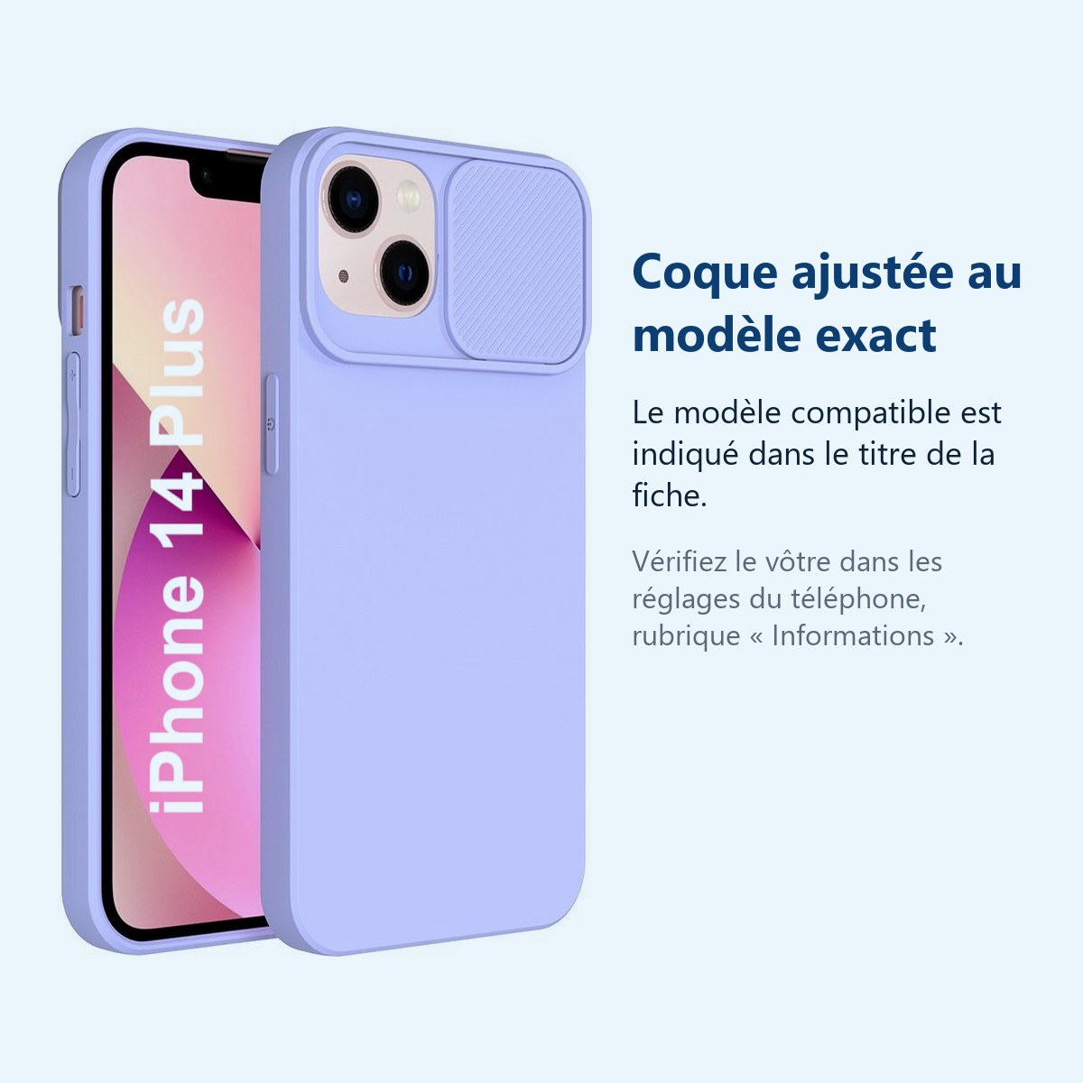 Accessoire ajusté au modèle exact – Coque Cam Slide couleur Lavande Pour iPhone 14 Plus