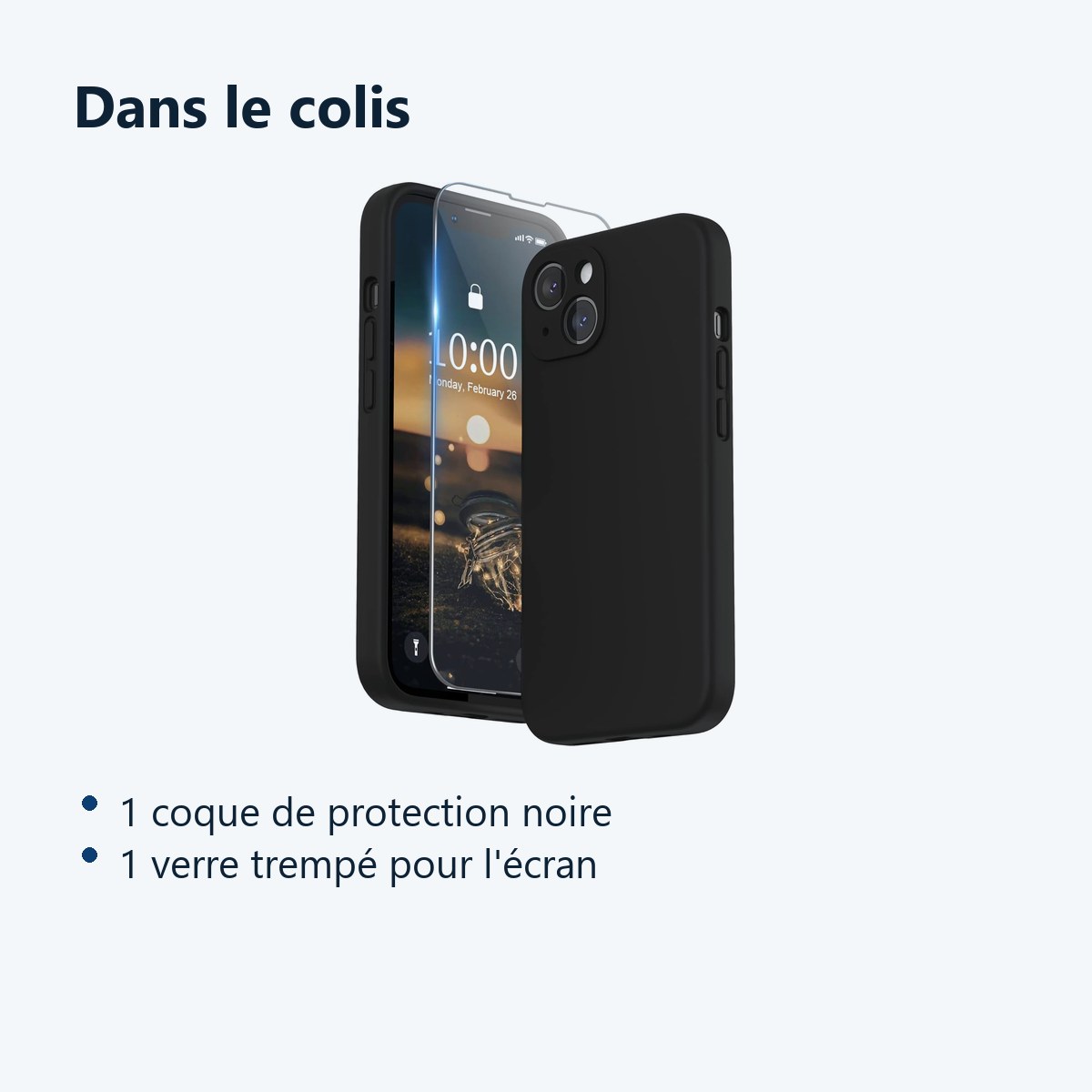 Contenu du colis – Coque Noir pour iPhone 13 (6,1 pouces) et Verre Trempé Film Protection Ecran