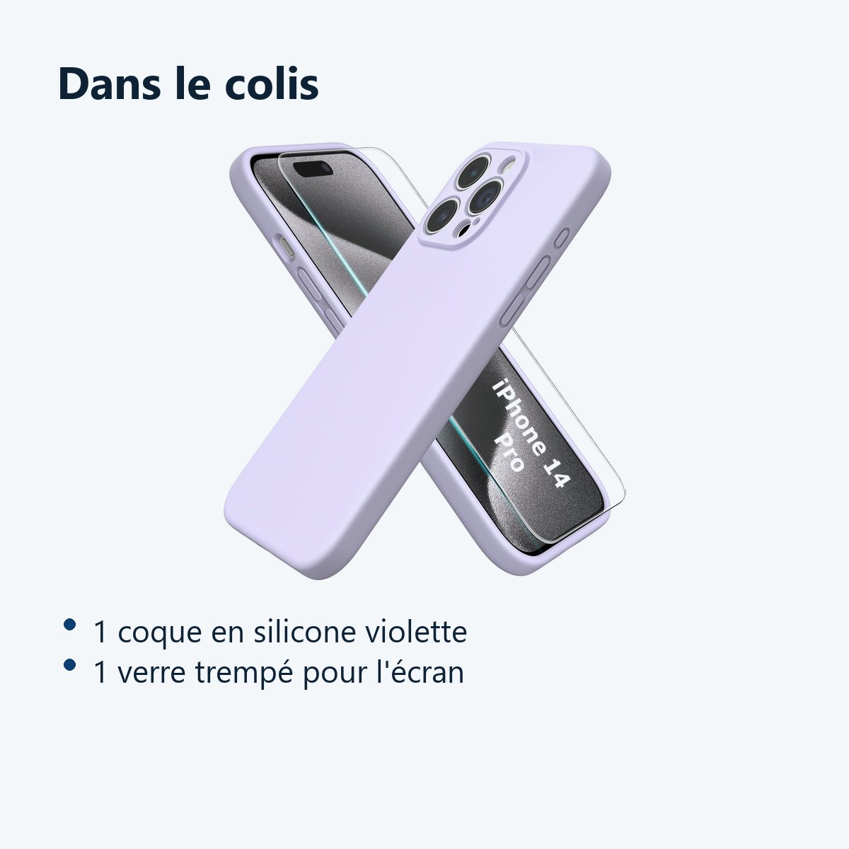 Contenu du colis – Coque Silicone Violet + Verre Trempe Pour iPhone 14 Pro