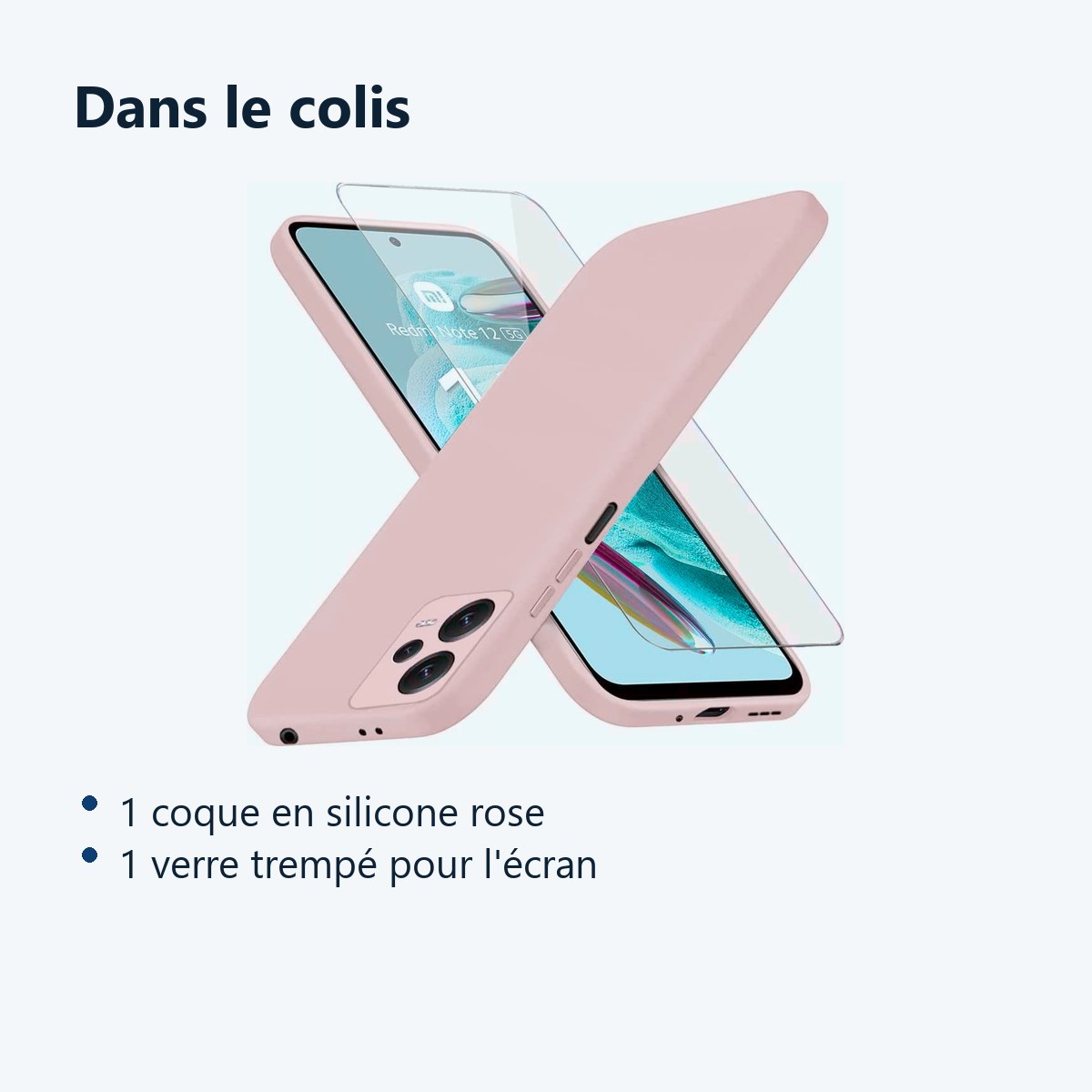 Contenu du colis – Coque Silicone Rose + Verre Trempe Pour Xiaomi Redmi Note 12 5G