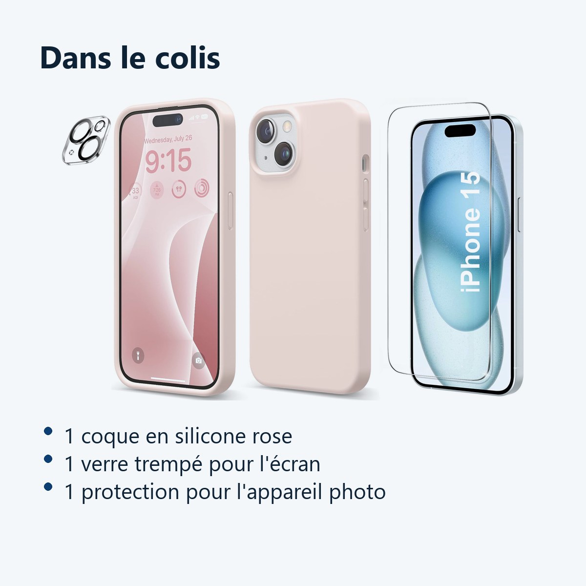 Contenu du colis – Coque Silicone Rose + Verre Trempe et Protection Camera Arriere Pour iPhone 15