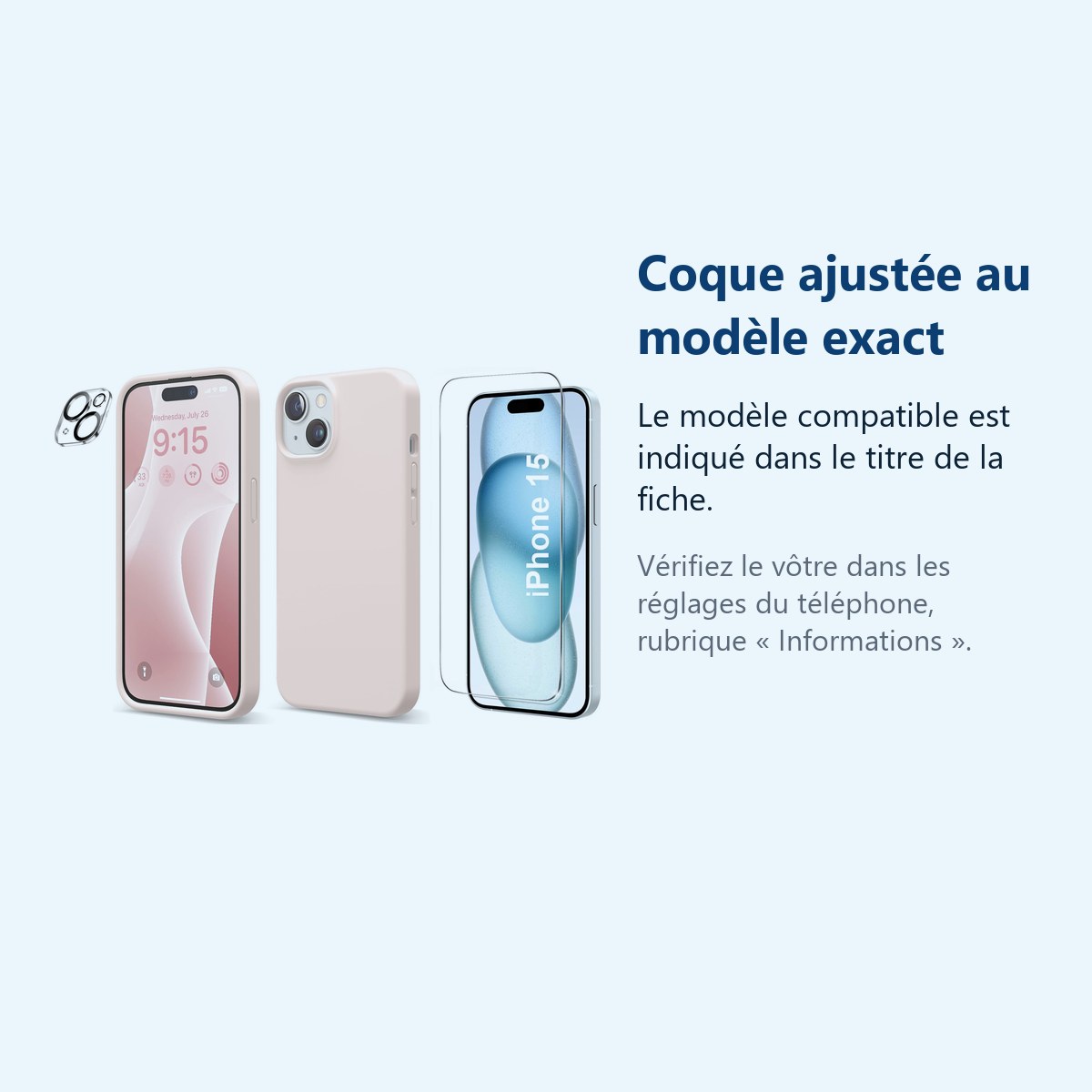 Accessoire ajusté au modèle exact – Coque Silicone Rose + Verre Trempe et Protection Camera Arriere Pour iPhone 15