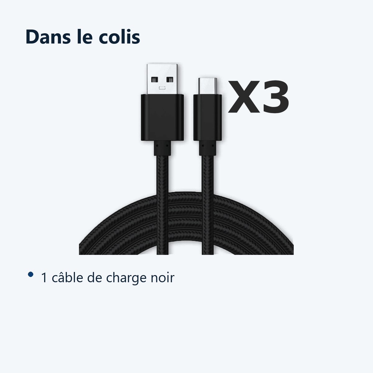 Contenu du colis – Cable Type-C Nylon Renforce Longeur 2M Couleur Noir X3
