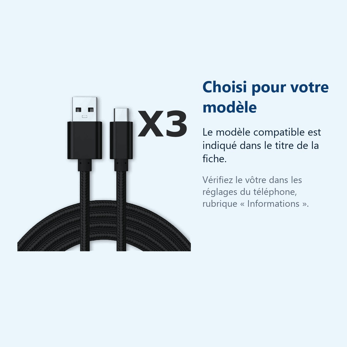 Accessoire ajusté au modèle exact – Cable Type-C Nylon Renforce Longeur 2M Couleur Noir X3