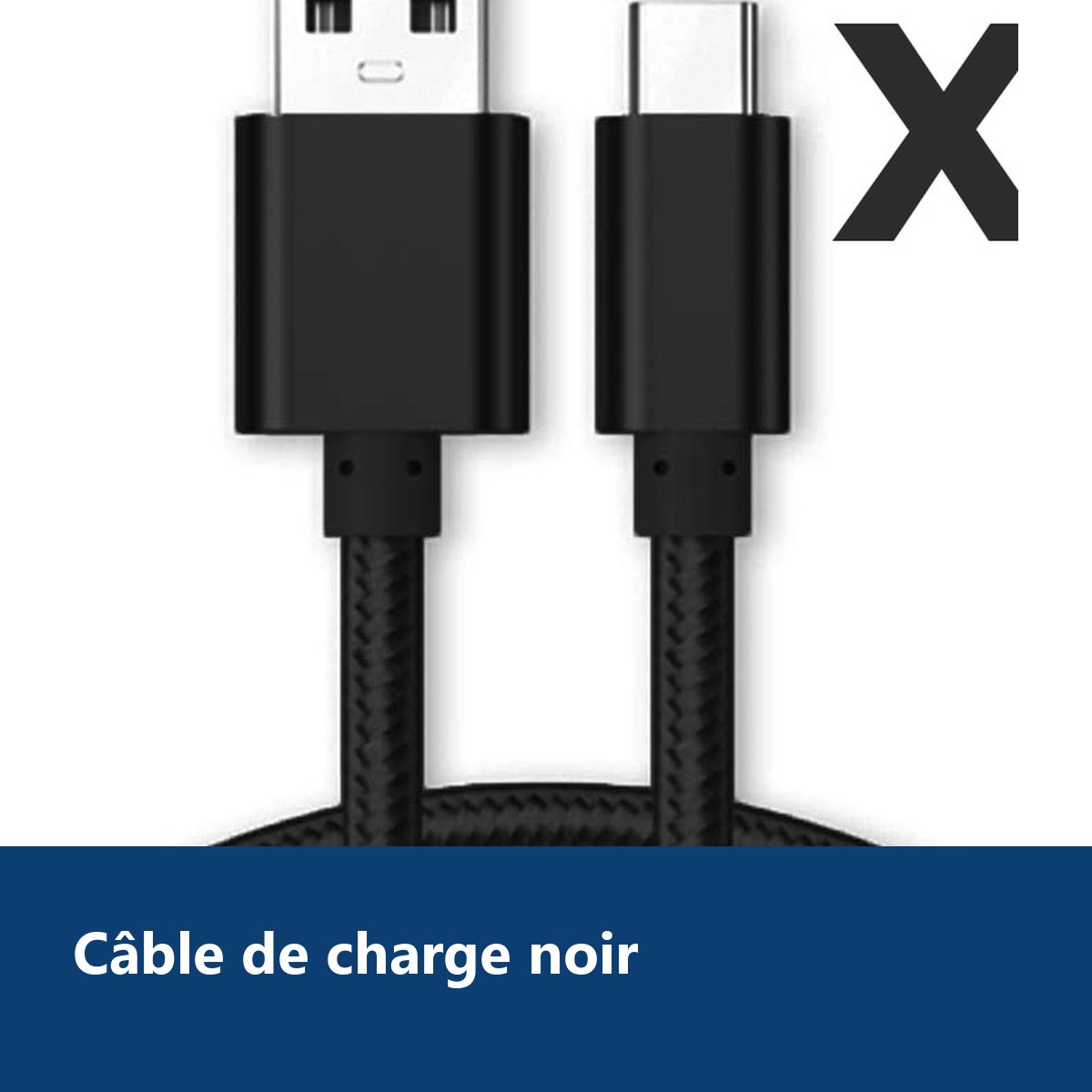 Vue de détail – Cable Type-C Nylon Renforce Longeur 2M Couleur Noir X3