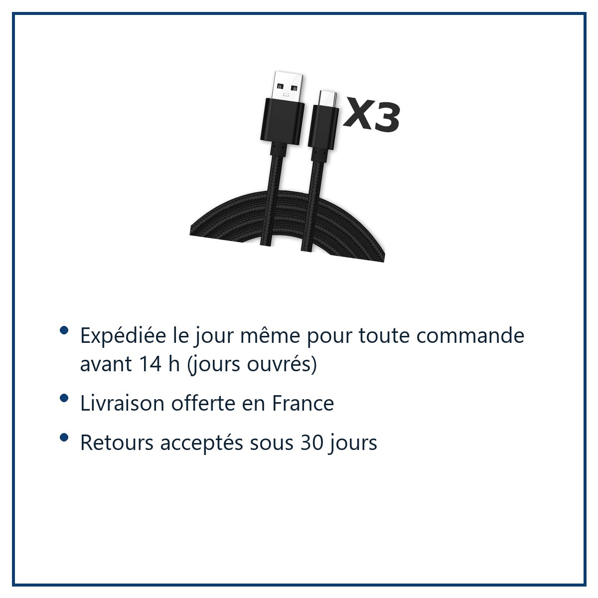Expédition le jour même, livraison offerte, retours sous 30 jours – Cable Type-C Nylon Renforce Longeur 2M Couleur Noir X3