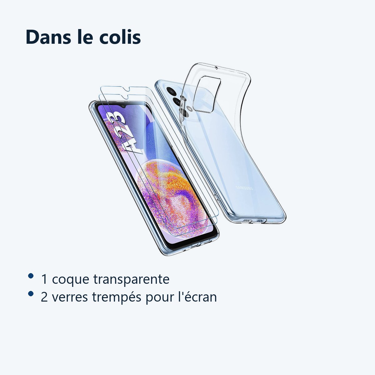 Contenu du colis – Coque Silicone Transparente + 2 Verres Trempes Pour Samsung A23 5G