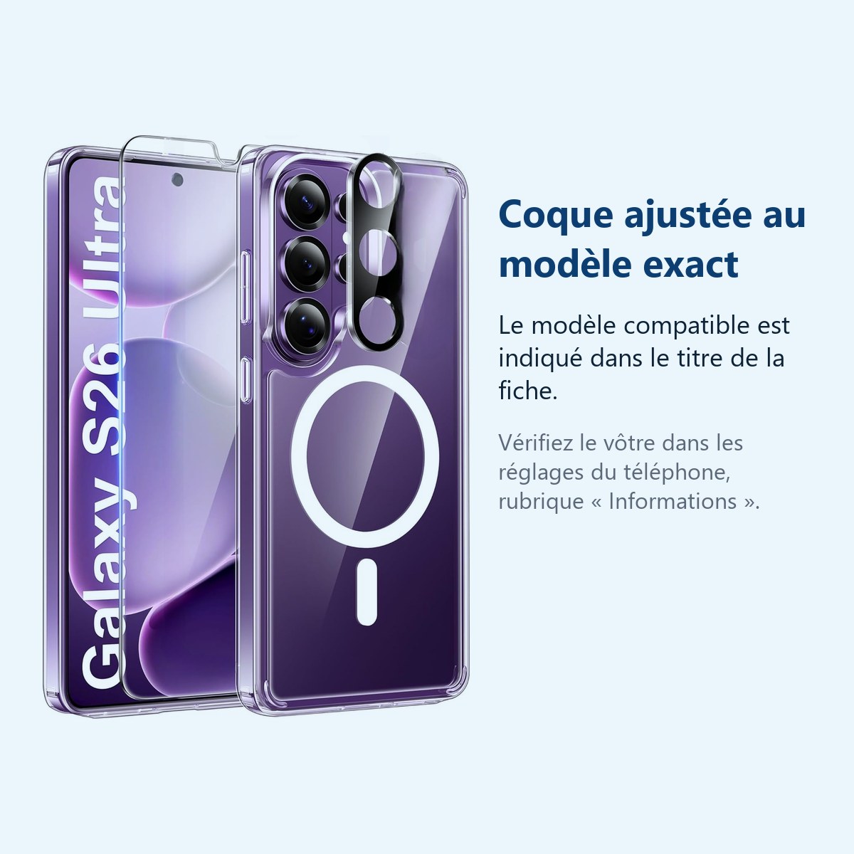 Accessoire ajusté au modèle exact – Coque Silicone Transparente Compatible Magsafe + Verre Trempes et Protection Camera Arrie