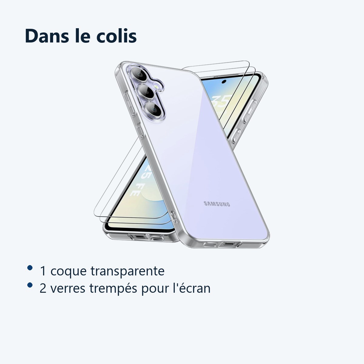 Contenu du colis – Coque Silicone Transparente + 2 Verres Trempes Pour Samsung Galaxy S25 FE