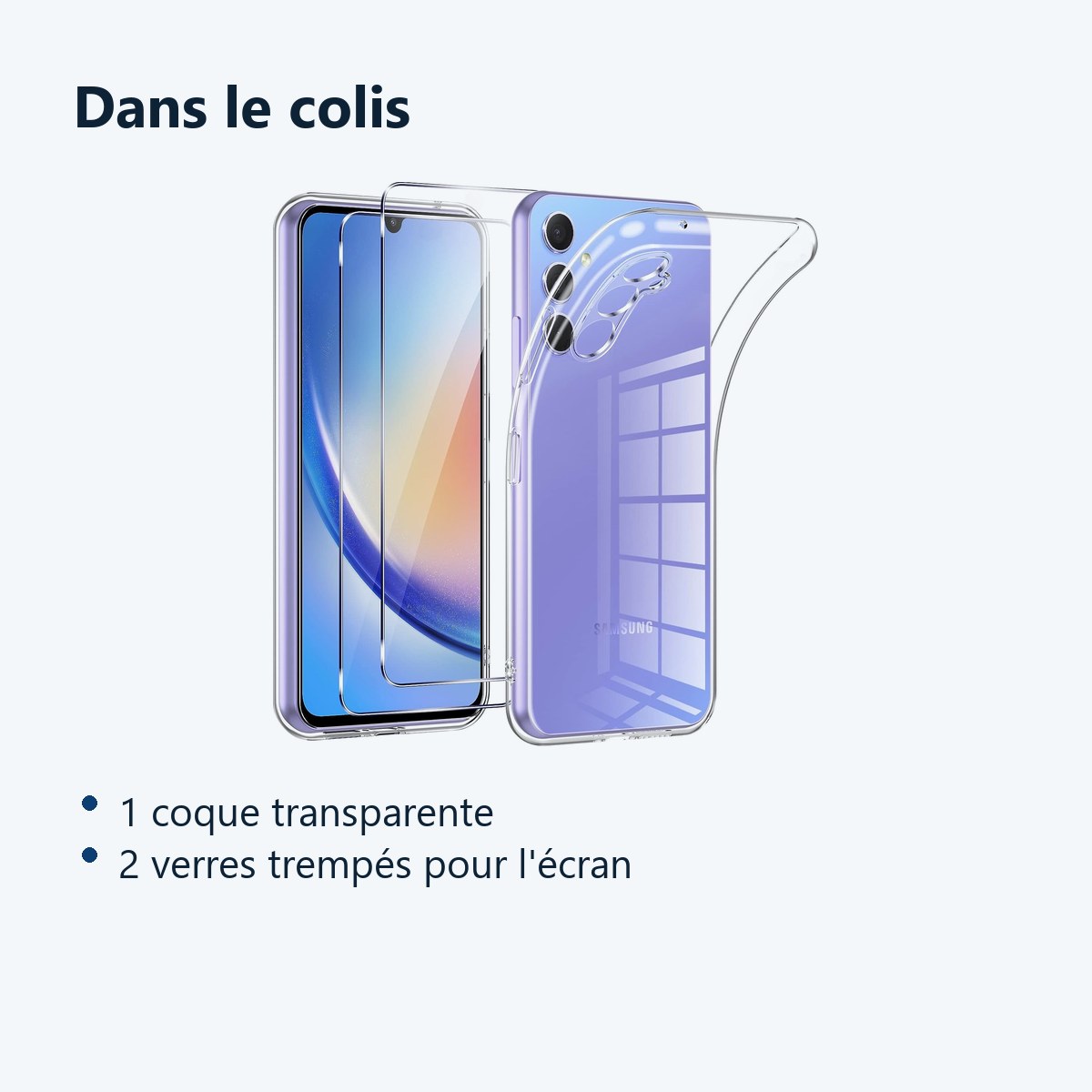 Contenu du colis – Coque Transparente pour Samsung Galaxy A34 5G (6,6 pouces) et 2 Verres Trempé Film Protection Ecran