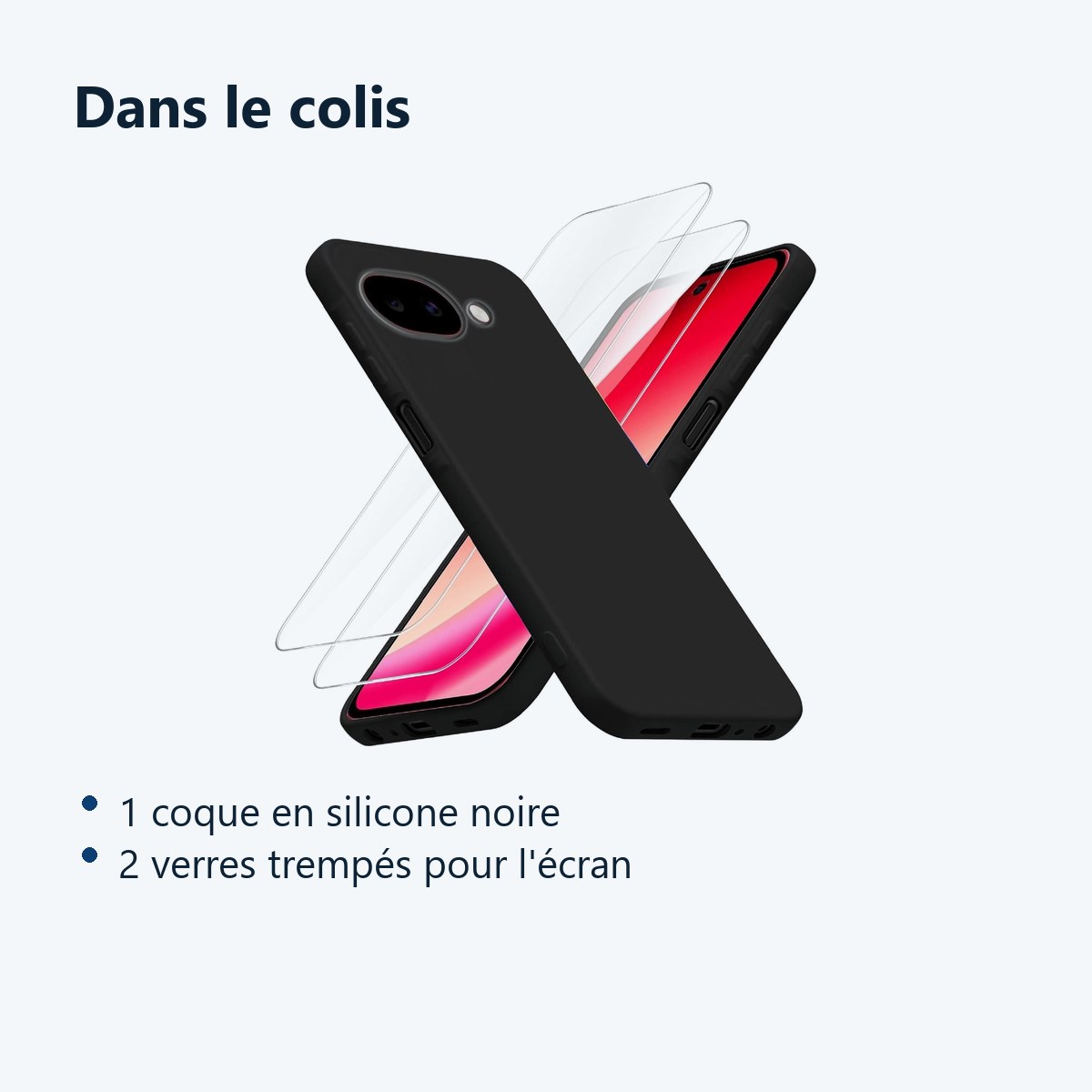 Contenu du colis – Coque Pour Google Pixel 10a Silicone Noir + 2 Verres Trempes