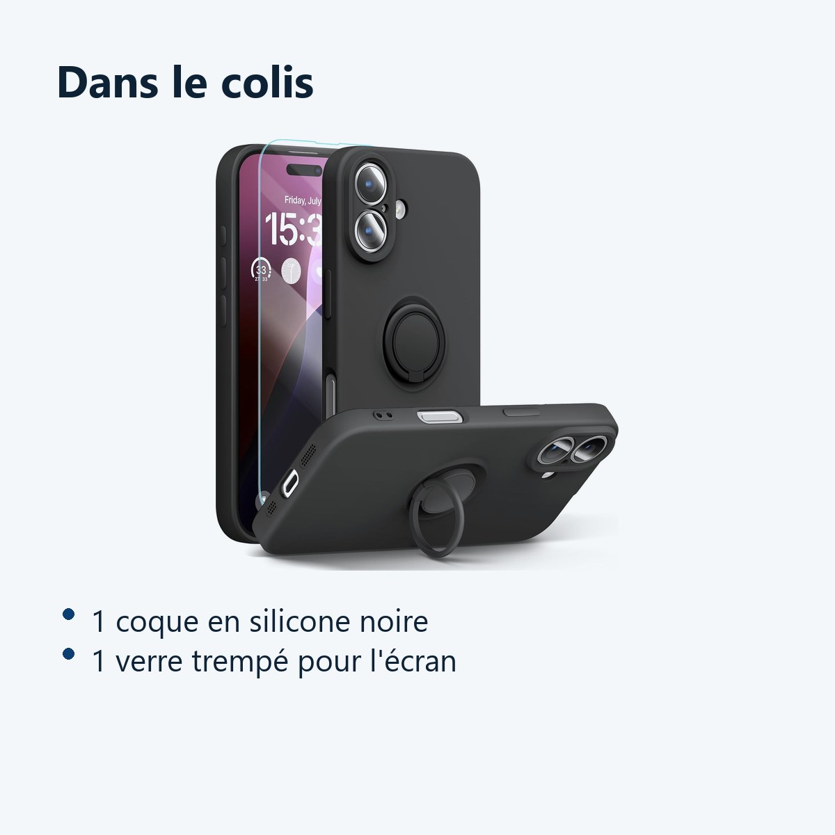 Contenu du colis – Coque Silicone Pour iPhone 16 Couleur Noir Avec Anneau Support + Verre Trempe Protection Ecran