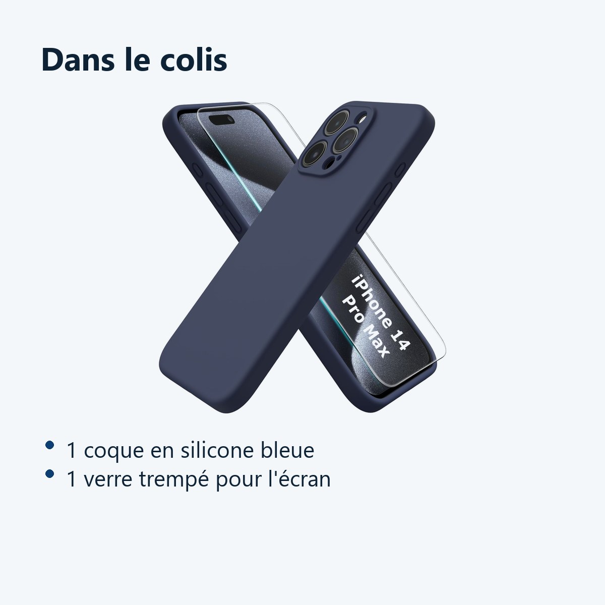 Contenu du colis – Coque Silicone Bleu Nuit + Verre Trempe Pour iPhone 14 Pro Max
