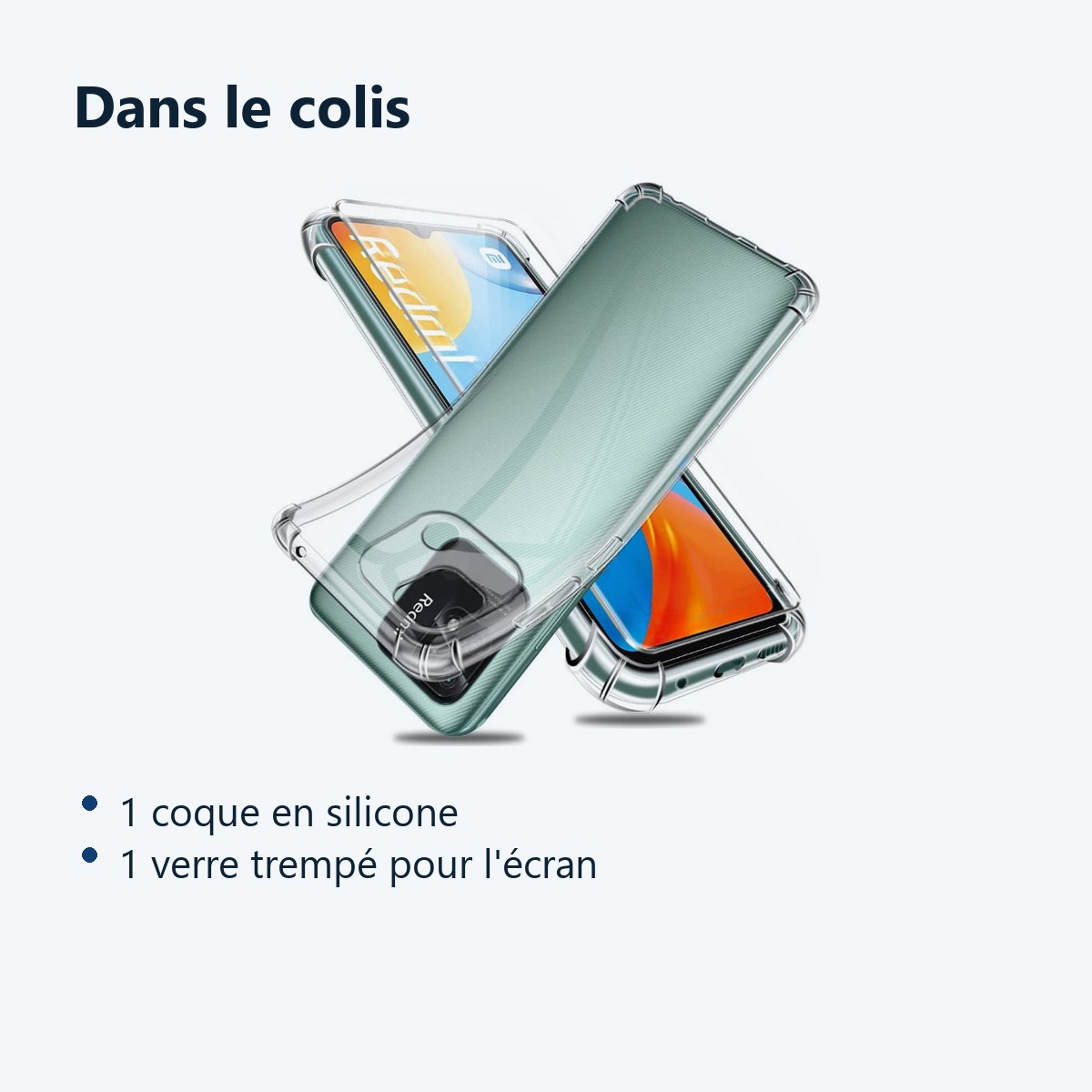 Contenu du colis – Coque Pour Xiaomi Redmi 10C Silicone 4 Coins Renforces + Verre Trempe