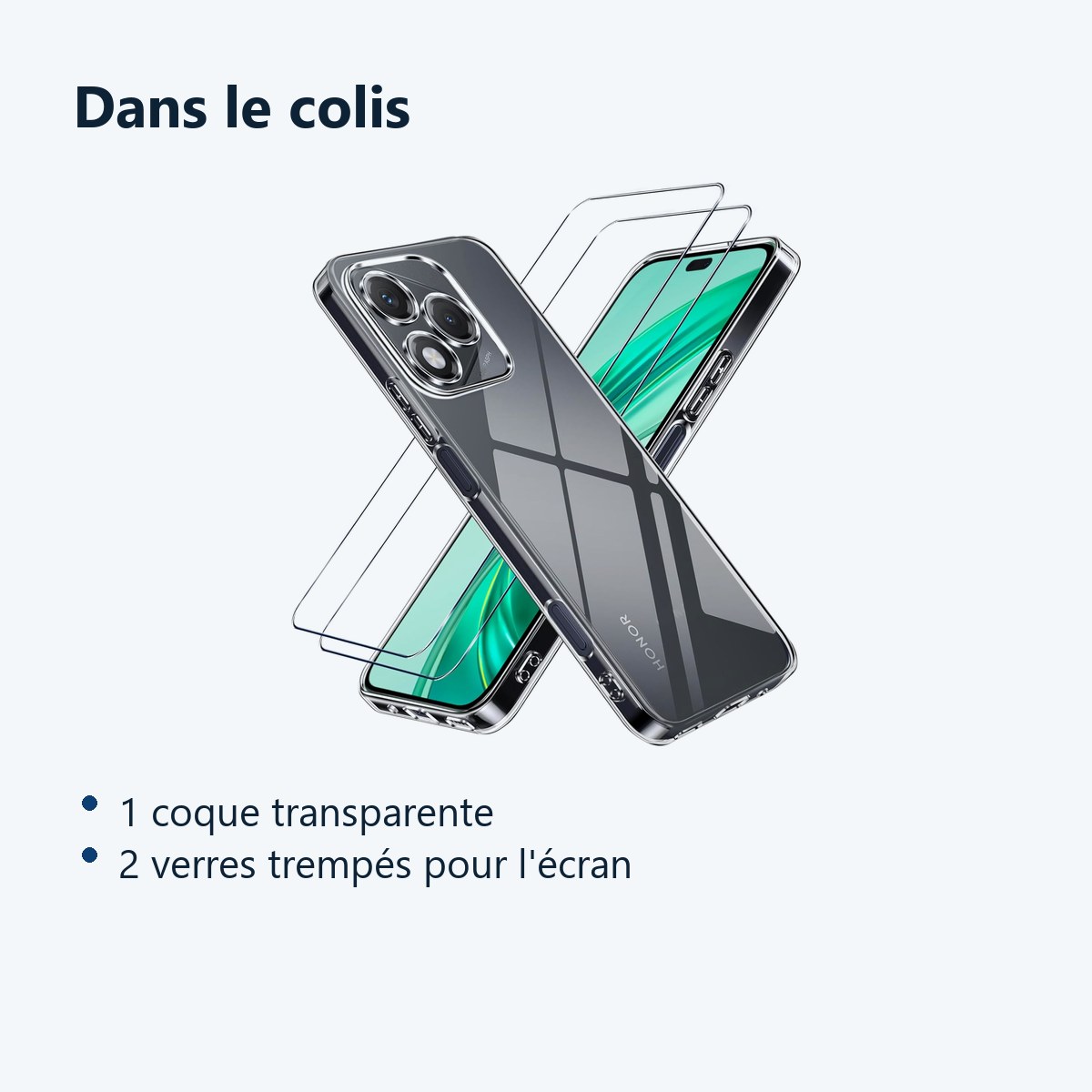 Contenu du colis – Coque Silicone Transparente + 2 Verres Trempes Pour Honor 400 Lite