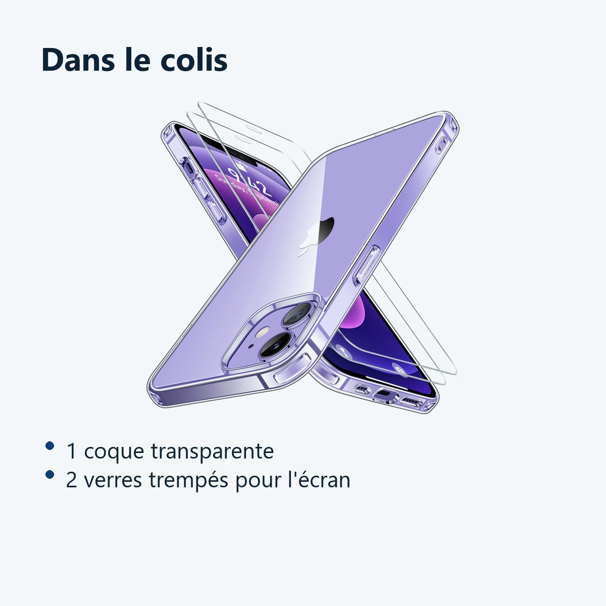 Contenu du colis – Coque Transparente pour iPhone 12 (6,1 pouces) et 2 Verres Trempé Film Protection Ecran
