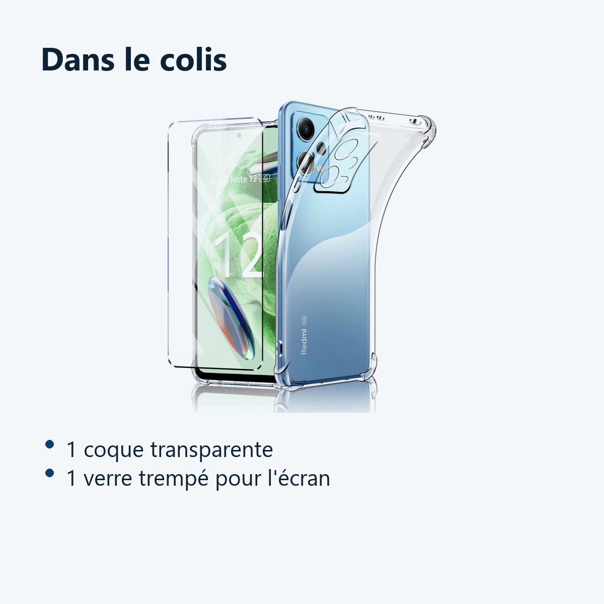 Contenu du colis – Coque Silicone Transparente Angles Renforces + Verre Trempe Pour Xiaomi Redmi Note 12 5G