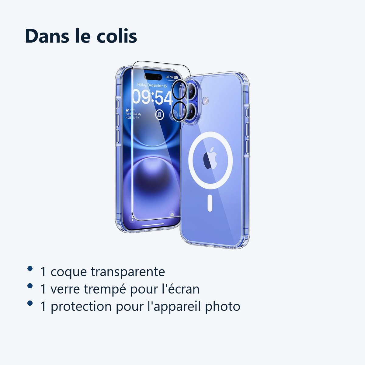 Contenu du colis – Coque Silicone Transparente Compatible Magsafe + Verre Trempes et Protection Camera Arriere Pour iPhone 16