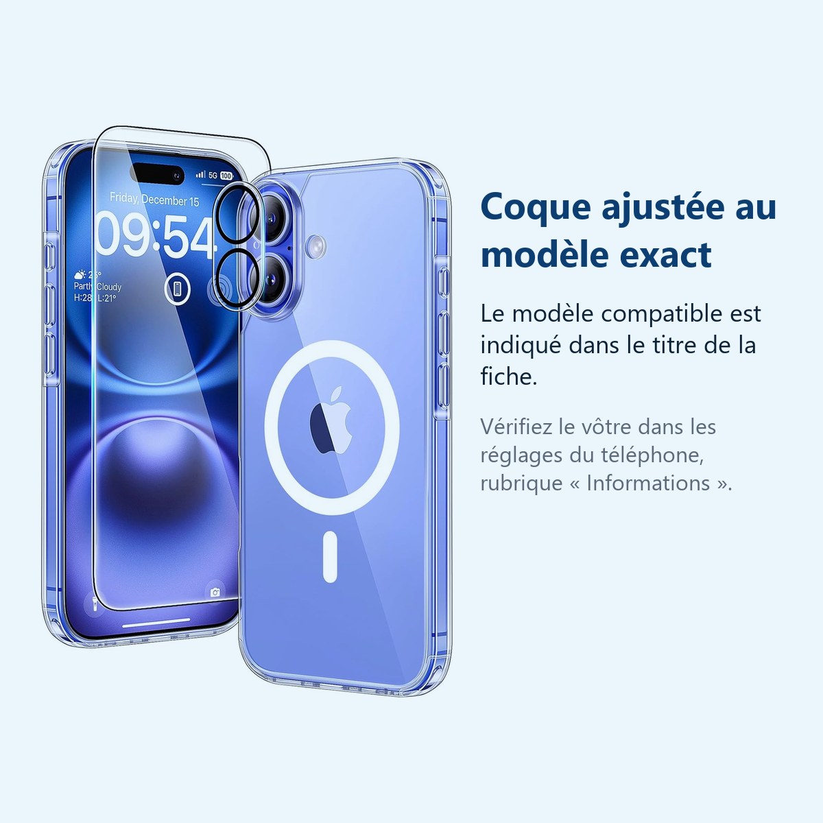 Accessoire ajusté au modèle exact – Coque Silicone Transparente Compatible Magsafe + Verre Trempes et Protection Camera Arrie