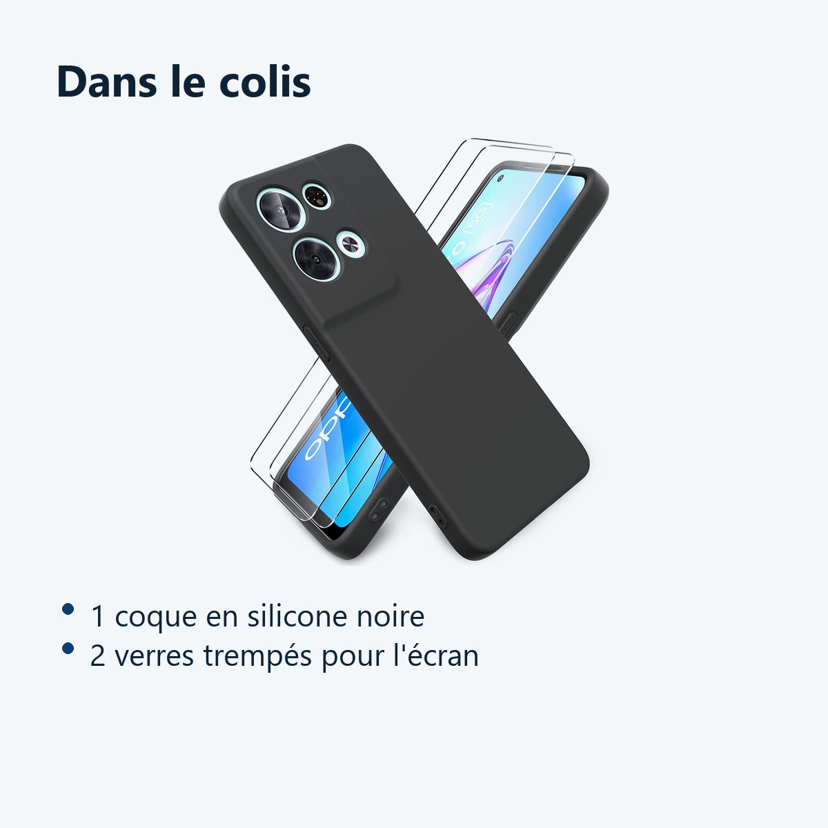 Contenu du colis – Coque Silicone Couleur Noire + 2 Verres Trempes Pour Oppo Reno 8 Pro 5G