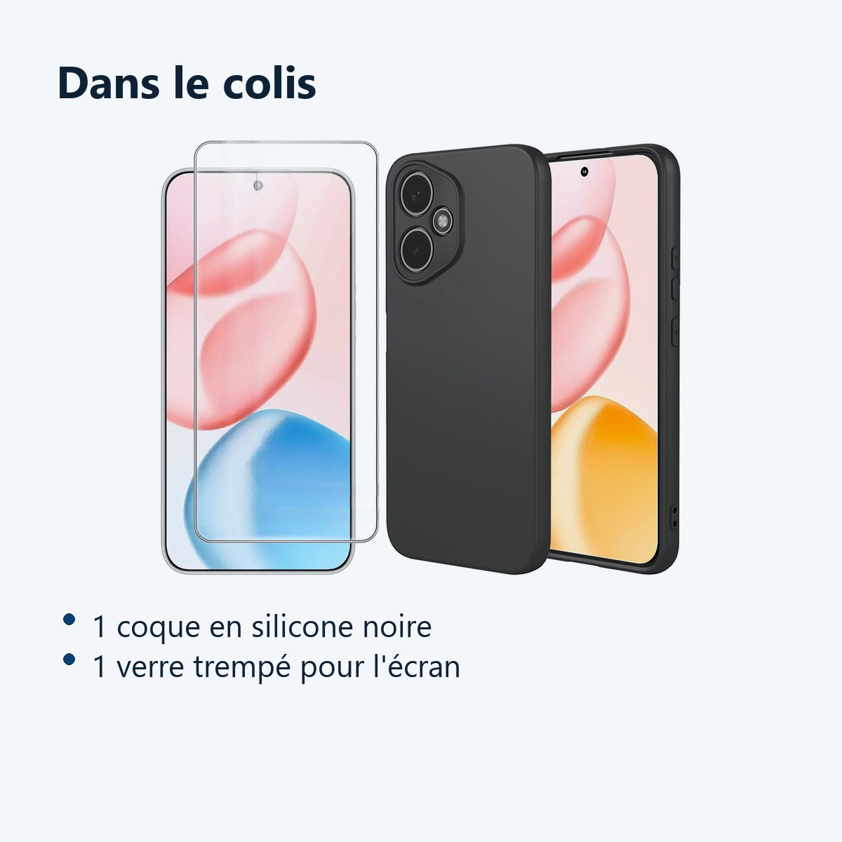 Contenu du colis – Coque Silicone Noir + Verre Trempe Pour Honor 400 5G