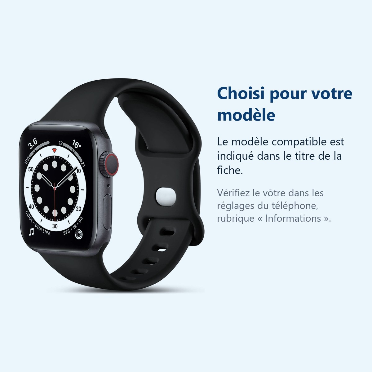 Accessoire ajusté au modèle exact – Bracelet compatible apple watch 38mm 40mm 41mm Serie 9 8 7 6 5 4 3 2 SE - Taille L - Sili