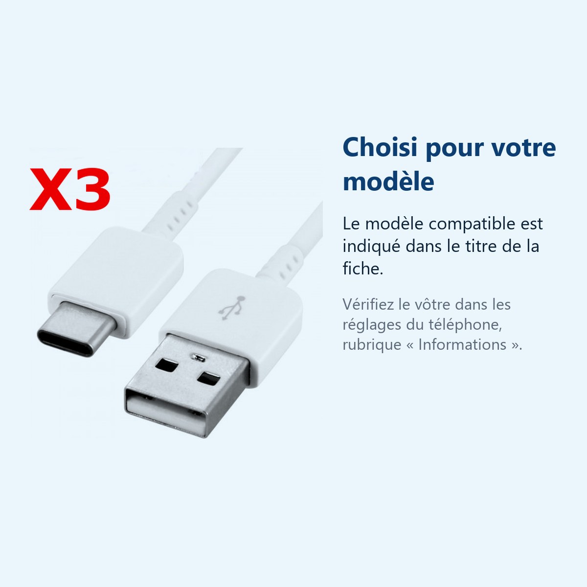 Accessoire ajusté au modèle exact – Lot de 3 Câbles USB-C 1 m Blanc pour Samsung Galaxy S20 / S10 / S9 / S8 / Note 10 / A50 /