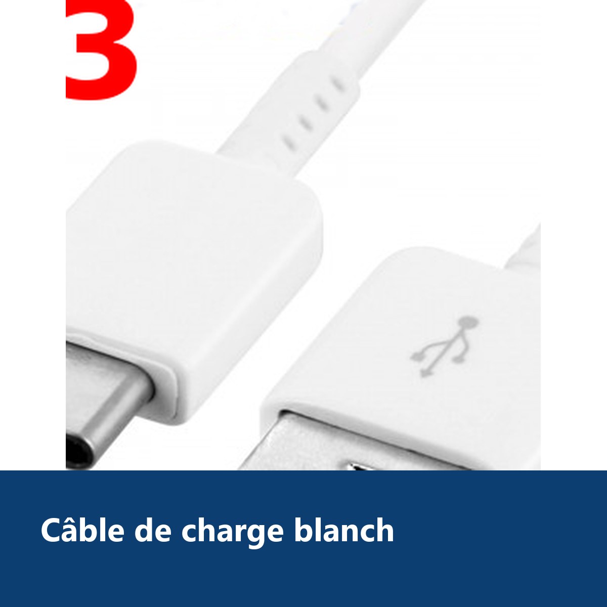 Vue de détail – Lot de 3 Câbles USB-C 1 m Blanc pour Samsung Galaxy S20 / S10 / S9 / S8 / Note 10 / A50 / A70 –