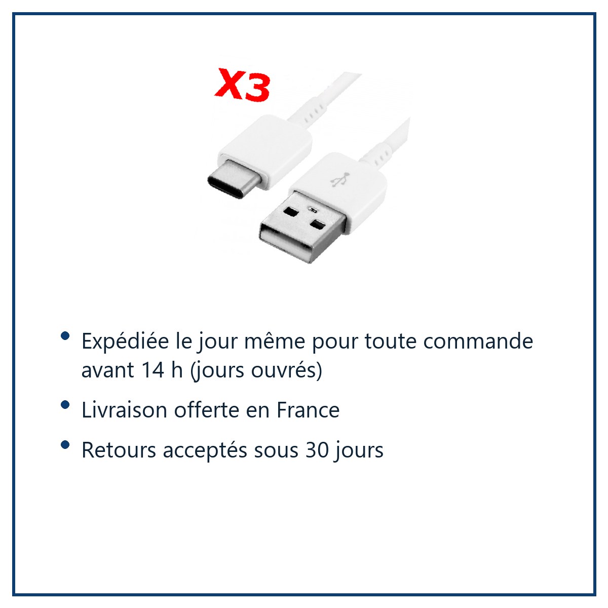 Expédition le jour même, livraison offerte, retours sous 30 jours – Lot de 3 Câbles USB-C 1 m Blanc pour Samsung Galaxy S20 /
