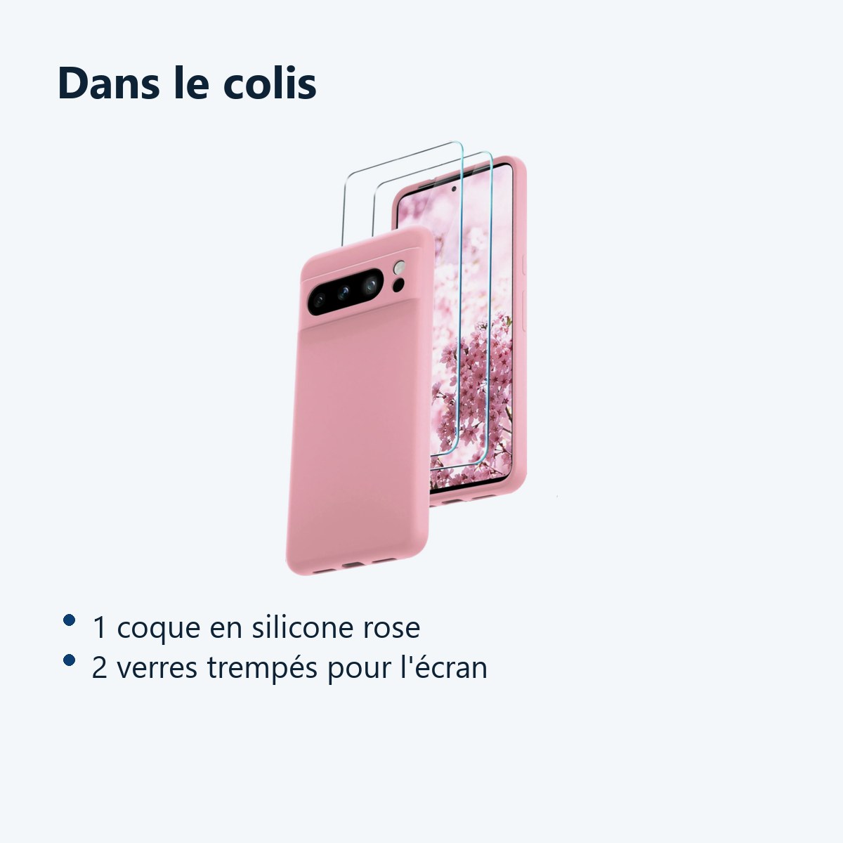 Contenu du colis – Coque Silicone Rose + 2 Verres Trempes Pour Google Pixel 8 Pro