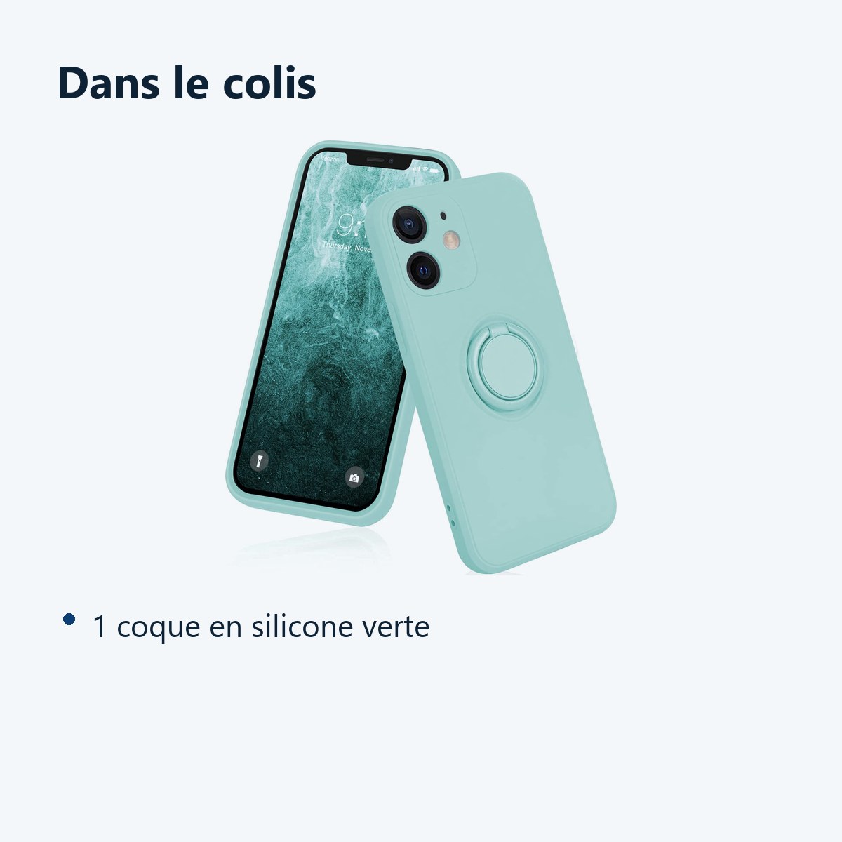 Contenu du colis – Coque Silicone Pour iPhone 12 Couleur Vert Avec Anneau Support