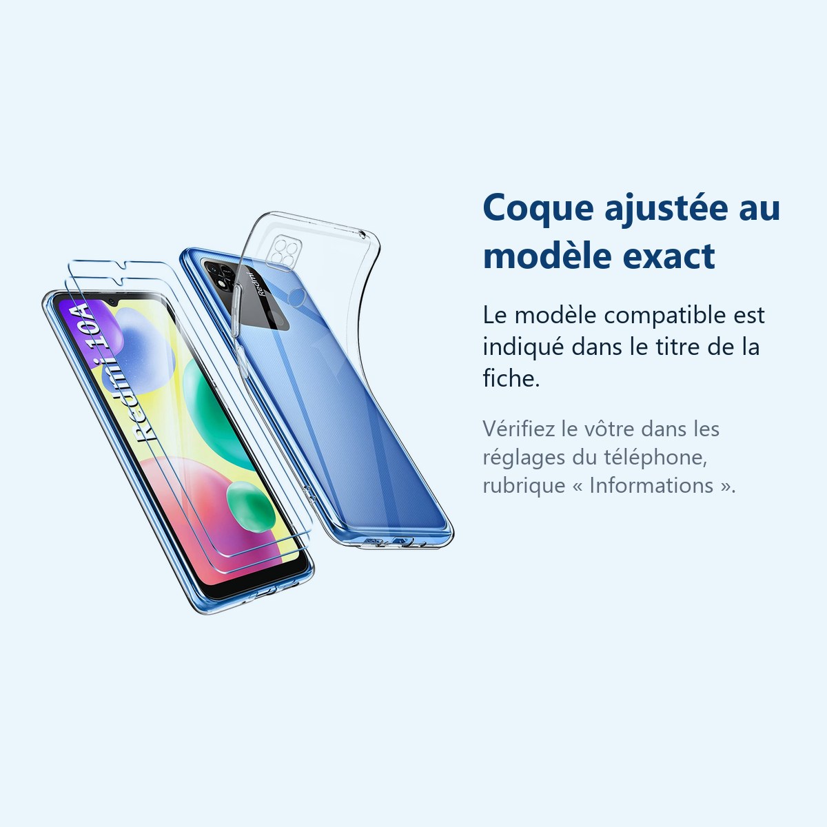Accessoire ajusté au modèle exact – Coque Pour Xiaomi Redmi 10A Silicone Transparente + 2 Verres Trempes