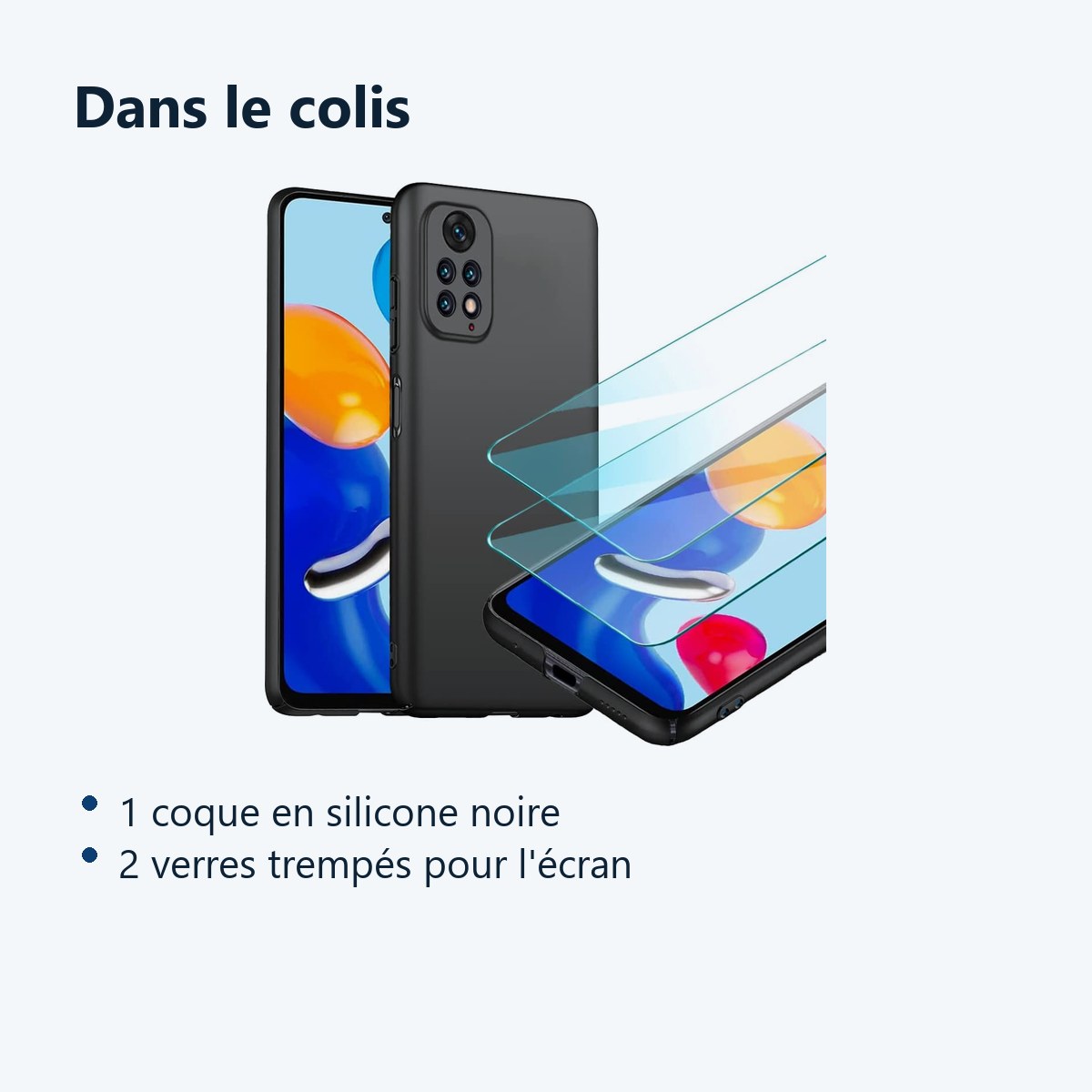 Contenu du colis – Coque Silicone Noir + 2 Verres Trempes Pour Xiaomi Redmi Note 11 Pro