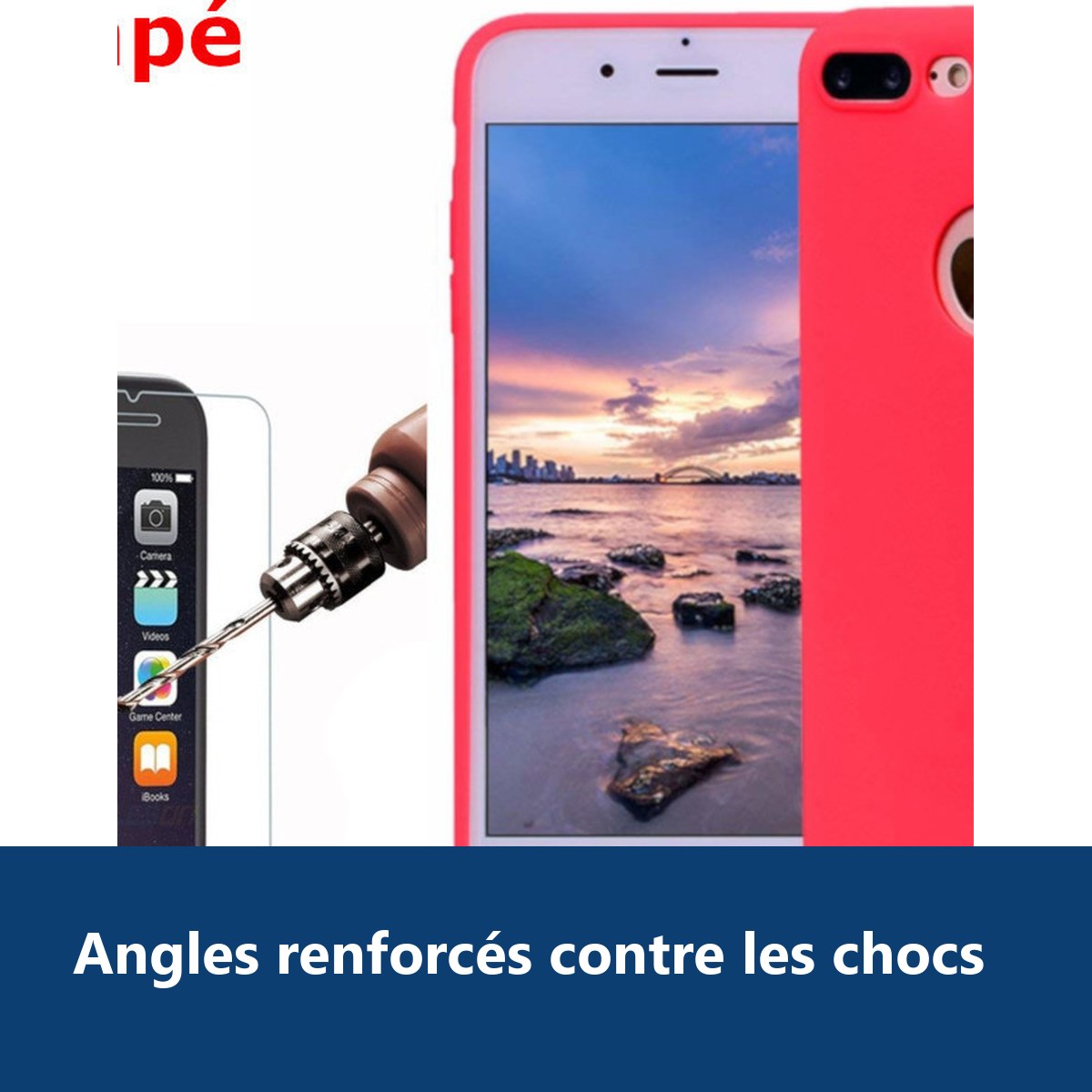 Vue de détail – Coque Silicone pour iPhone Xr Rouge Antichoc + 2 Verres Trempes