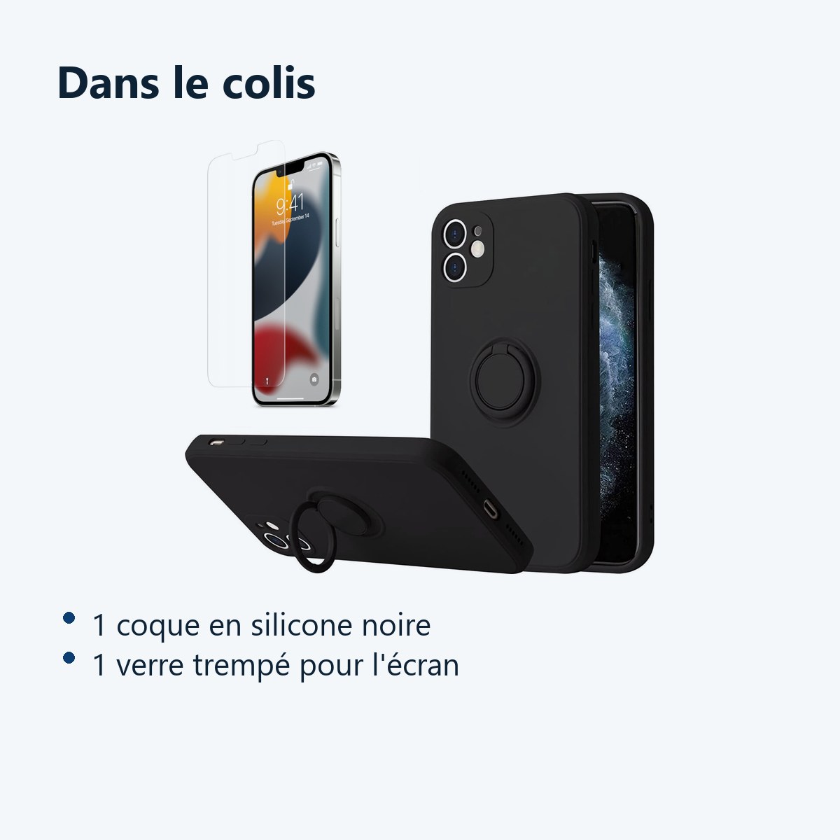 Contenu du colis – Coque Silicone Pour iPhone 12 Couleur Noir Avec Anneau Support + Verre Trempe Protection Ecran