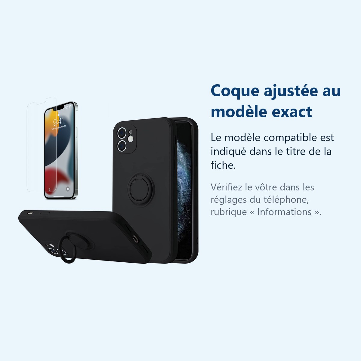 Accessoire ajusté au modèle exact – Coque Silicone Pour iPhone 12 Couleur Noir Avec Anneau Support + Verre Trempe Protection