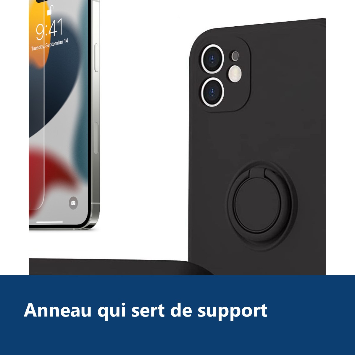 Vue de détail – Coque Silicone Pour iPhone 12 Couleur Noir Avec Anneau Support + Verre Trempe Protection Ecran
