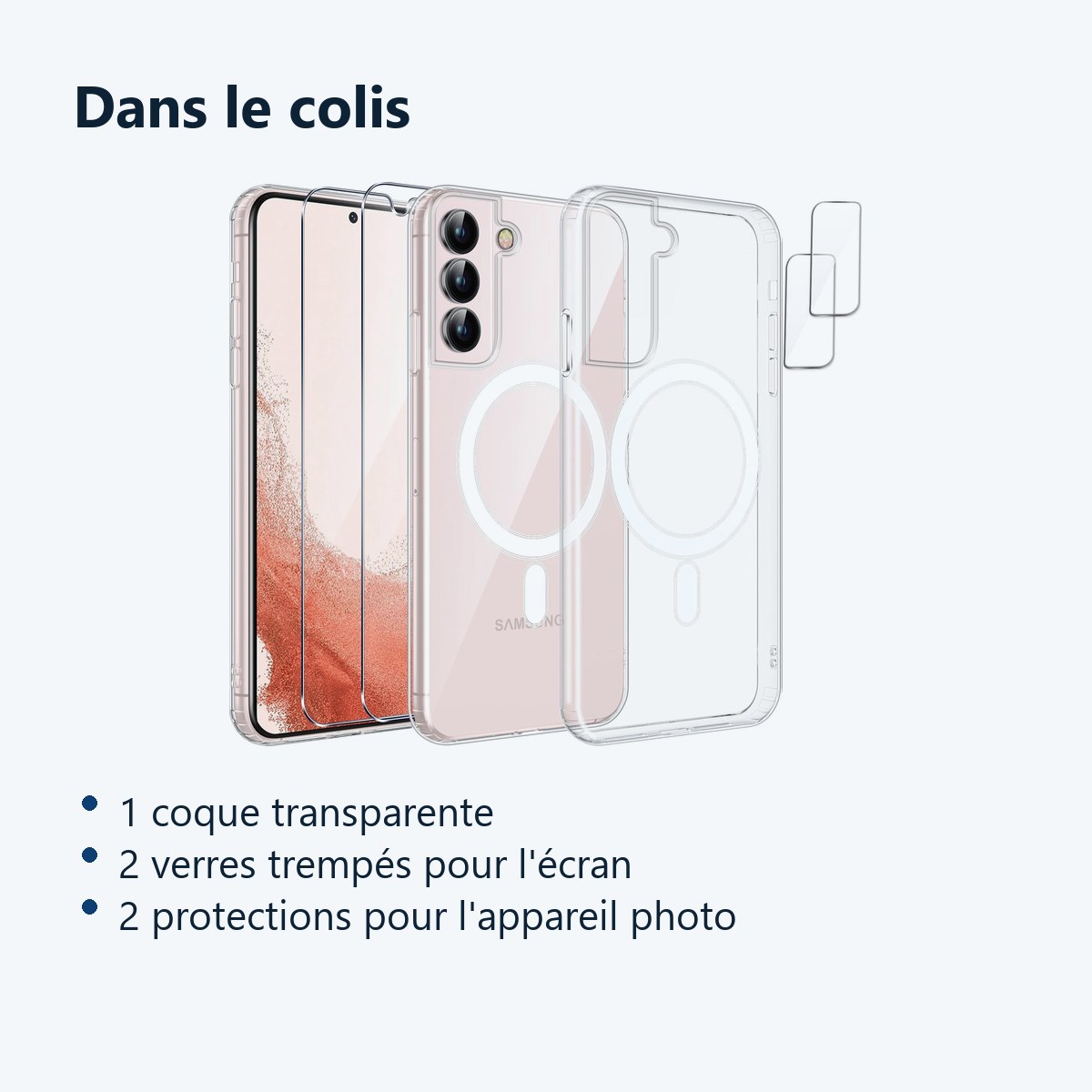 Contenu du colis – Coque MagSafe Transparente pour Samsung Galaxy S22 Plus + 2 Verres Trempés + 2 Protections Caméra –