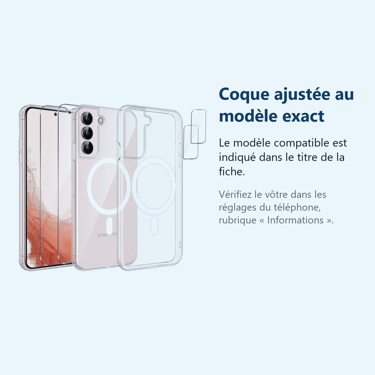 Accessoire ajusté au modèle exact – Coque MagSafe Transparente pour Samsung Galaxy S22 Plus + 2 Verres Trempés + 2 Protection