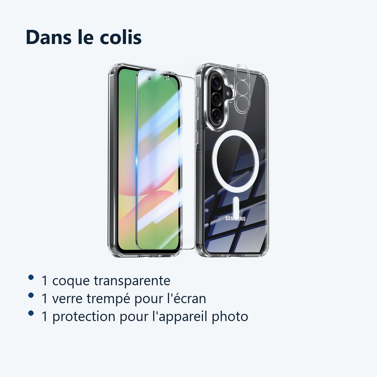 Contenu du colis – Coque Silicone Transparente Compatible Magsafe + Verre Trempe et Protection Camera Arriere Pour Samsung Ga