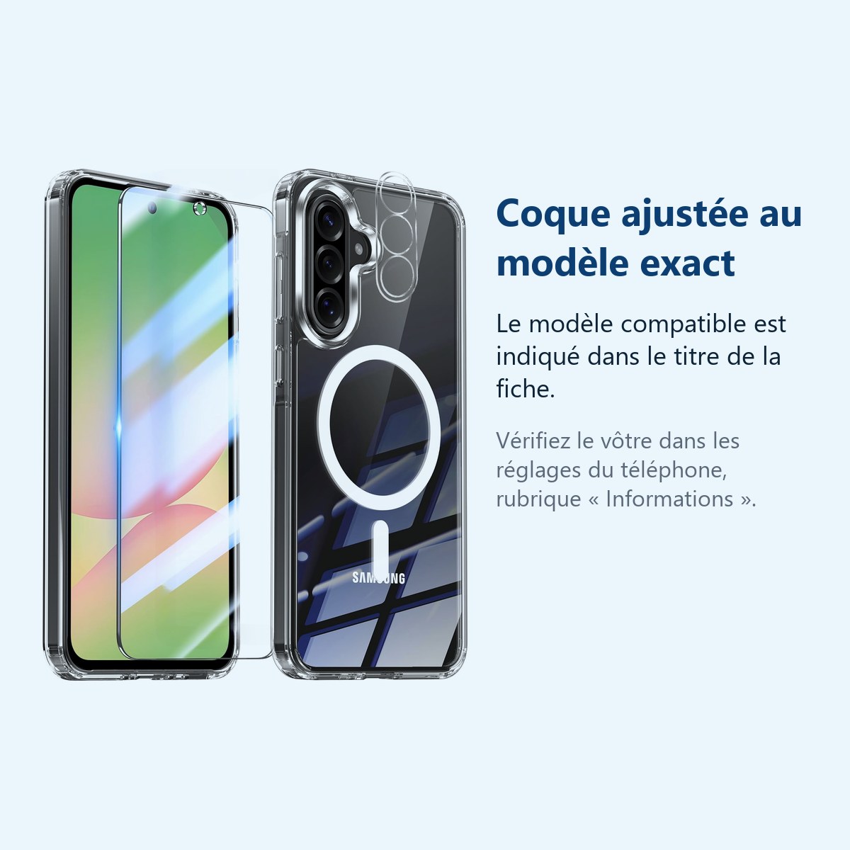 Accessoire ajusté au modèle exact – Coque Silicone Transparente Compatible Magsafe + Verre Trempe et Protection Camera Arrier