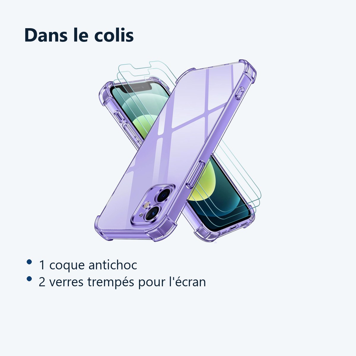 Contenu du colis – Coque antichoc pour iPhone 12 Mini (5,4 pouces) et 2 Verres Trempé Film Protection Ecran
