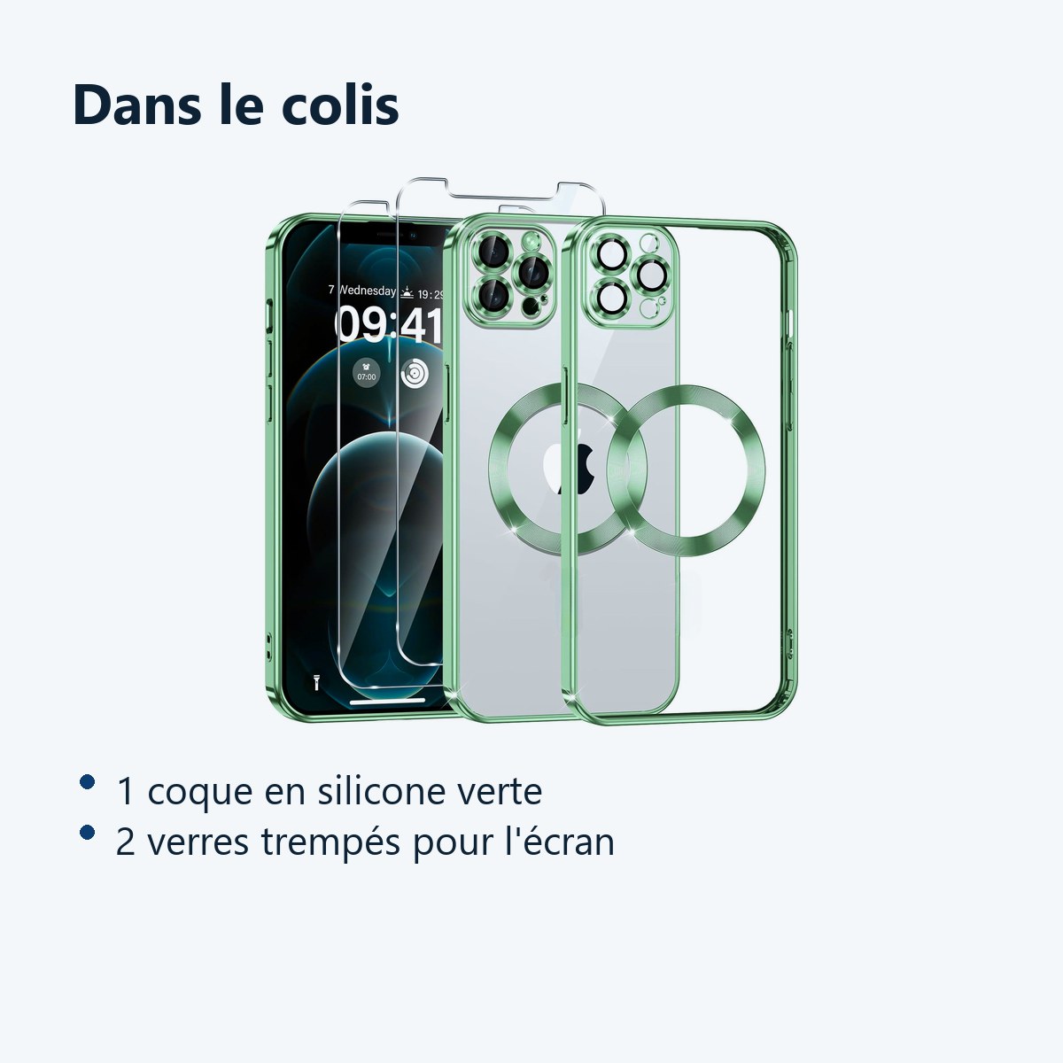 Contenu du colis – Coque Silicone Pour iPhone 14 Couleur Vert Compatible Magsafe + 2 Verres Trempe Protection Ecran